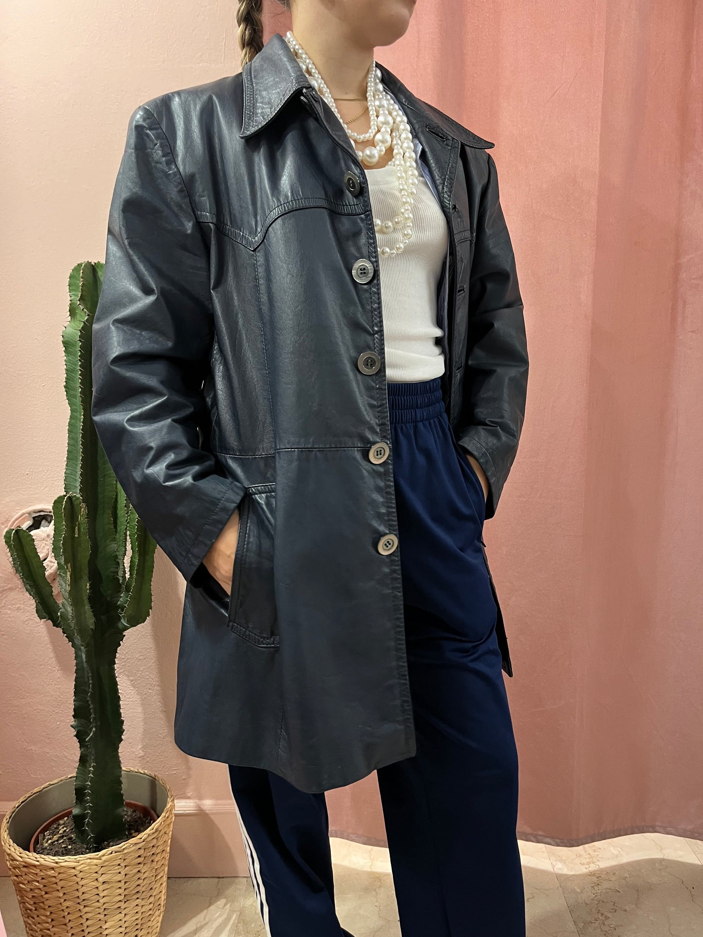 Trench blu notte in pelle