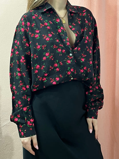 Camicia nera fiorellini fucsia - Lizzy Vintage