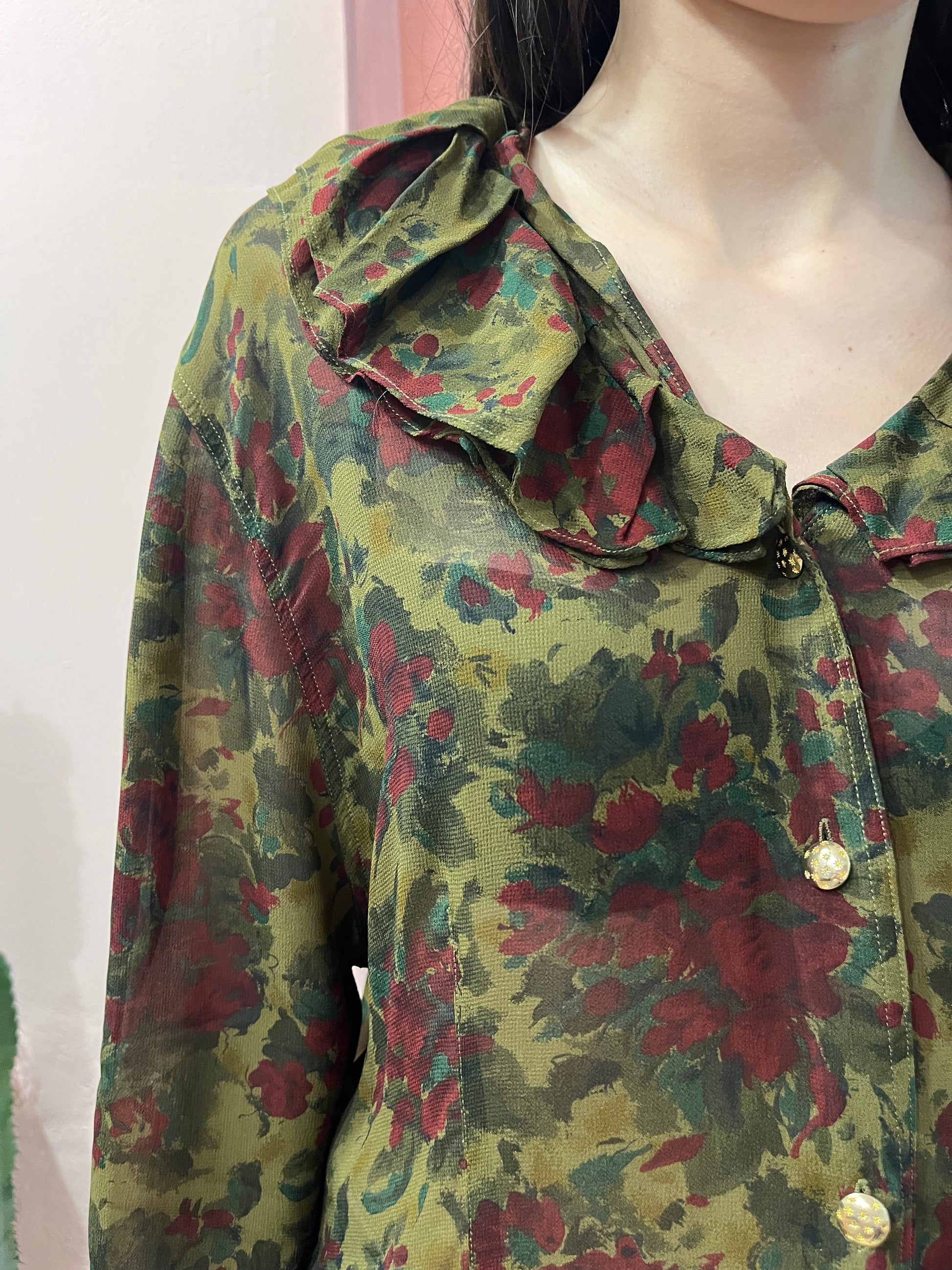 Camicia verde con rouches fantasia rose - Lizzy Vintage