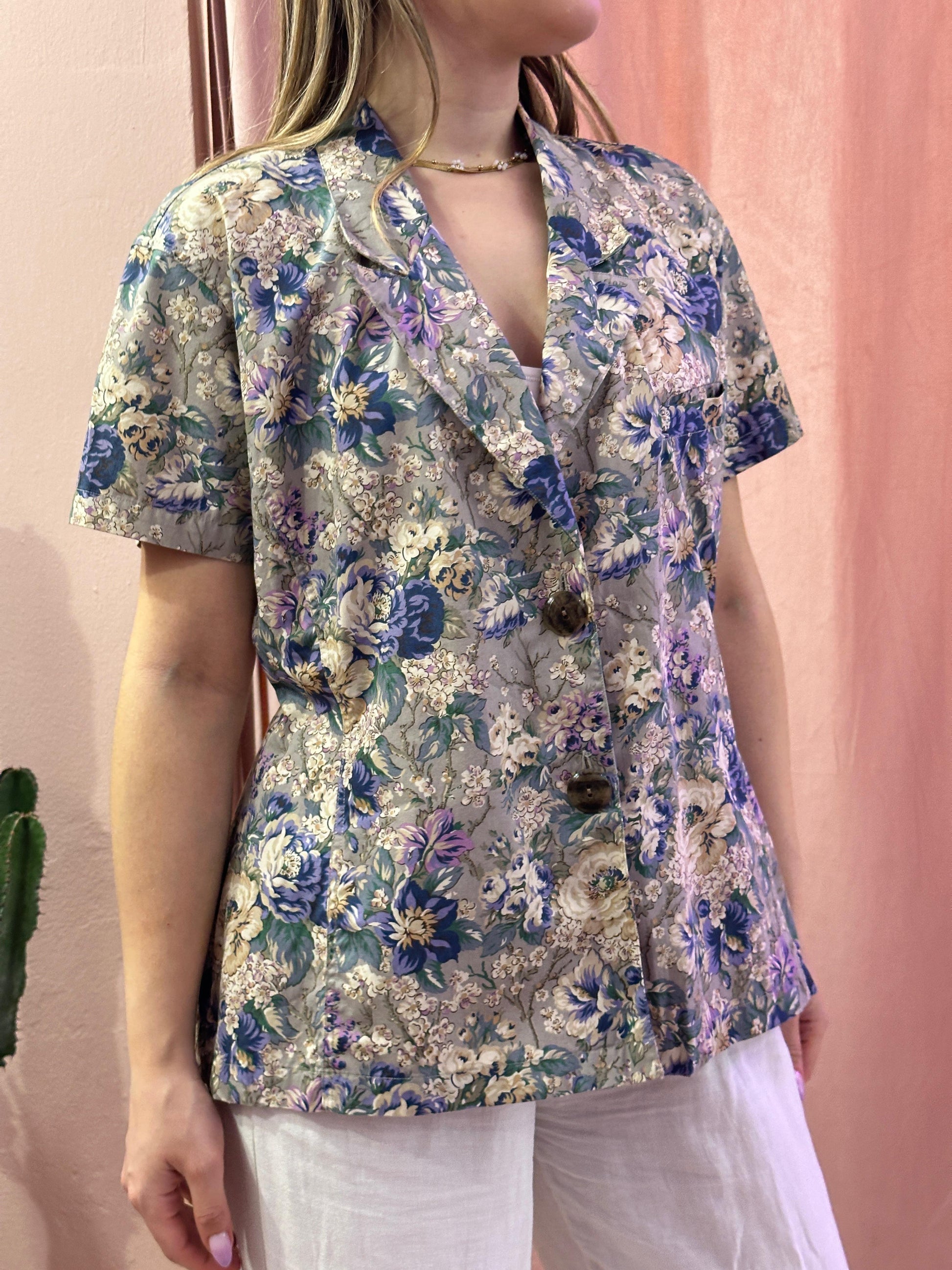 Camicia beige fiori viola - Lizzy Vintage