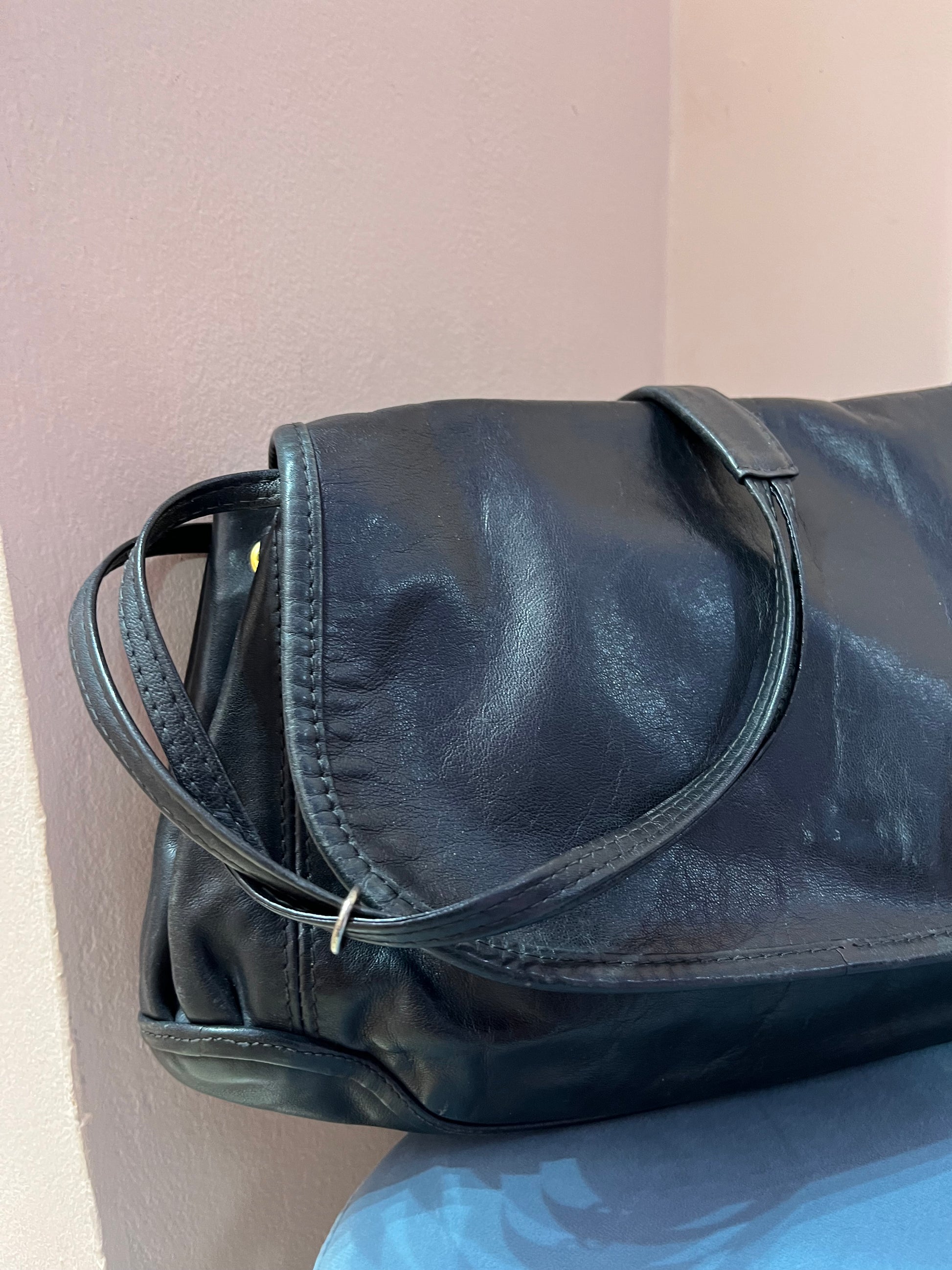 Borsa in pelle nera con manico lungo - Lizzy Vintage