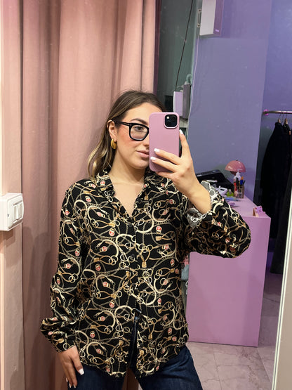 Camicia nera fantasia catene in viscosa - Lizzy Vintage