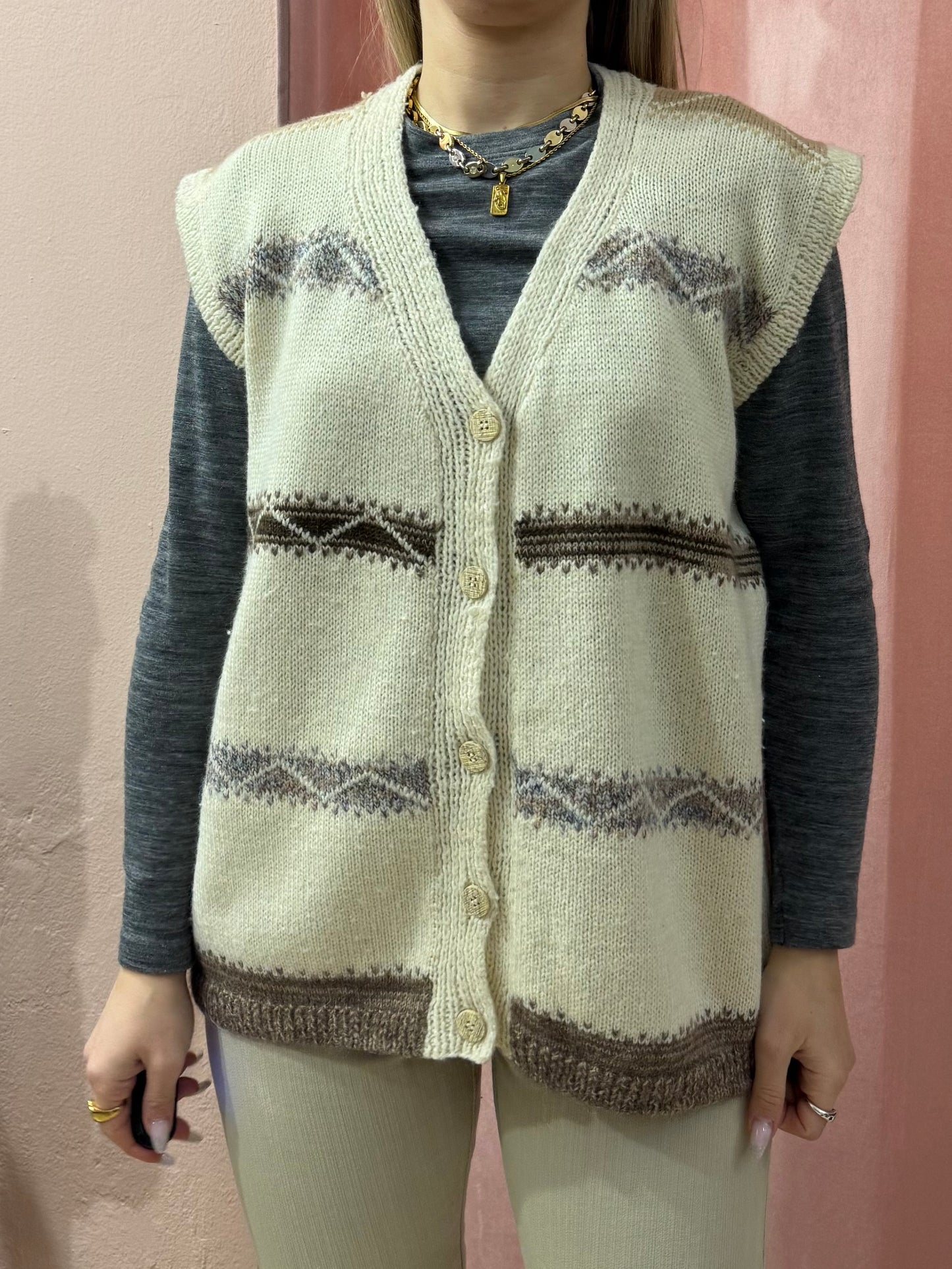 Gilet smanicato in maglia di lana panna