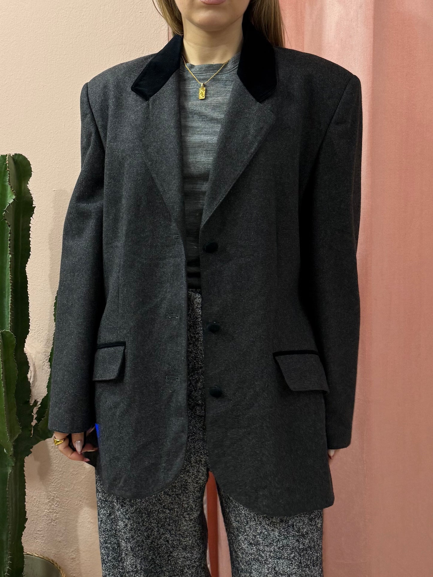 Blazer vintage antracite collo a contrasto nero