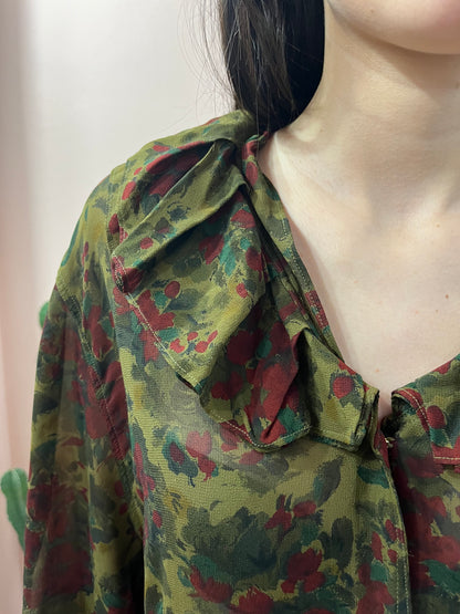 Camicia verde con rouches fantasia rose - Lizzy Vintage