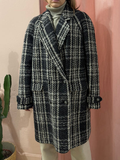 Cappotto nero tartan in lana