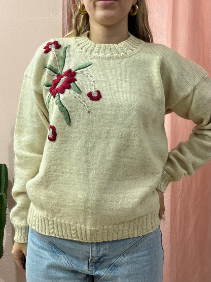 Maglione in lana panna con fiore