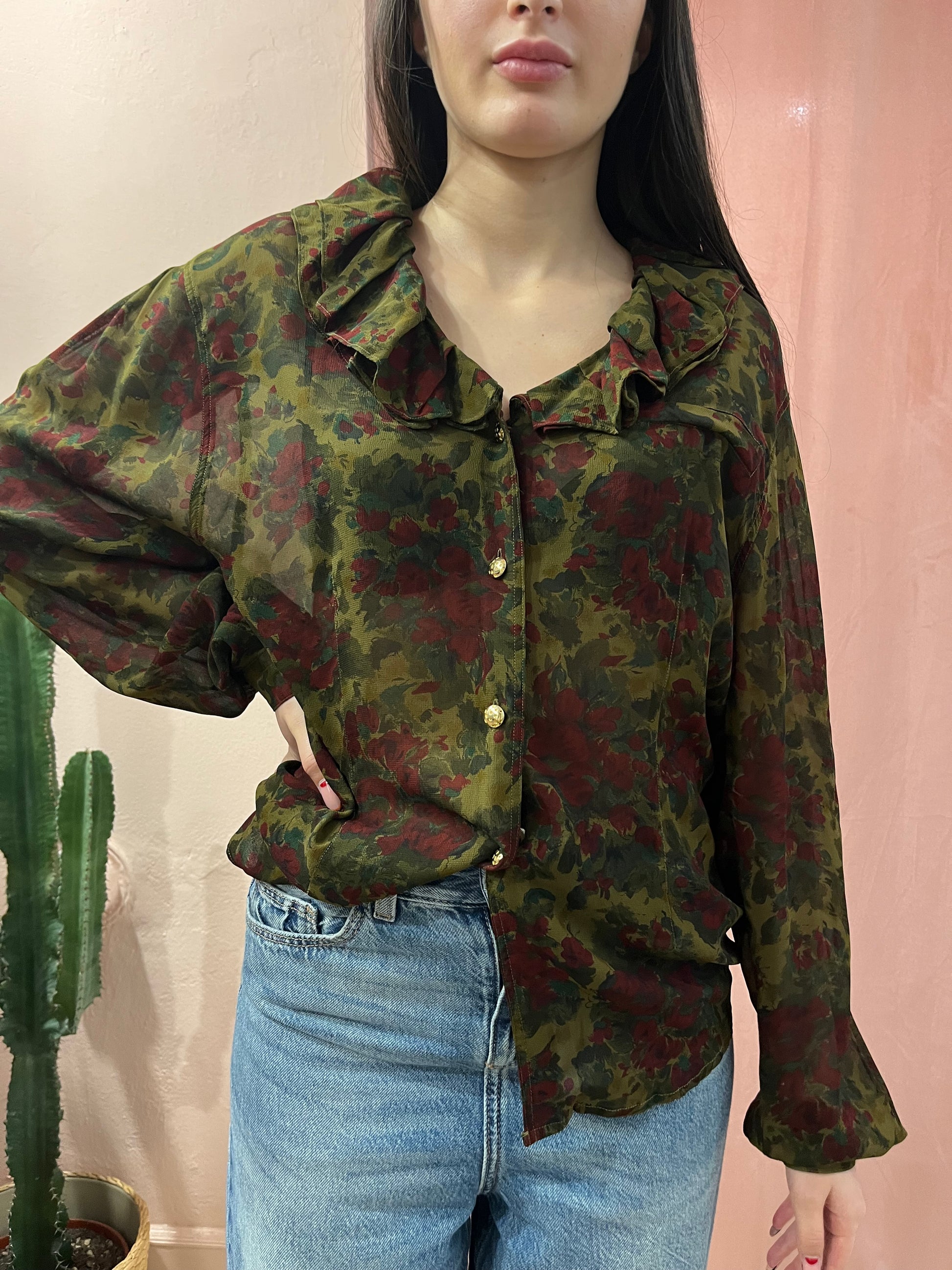 Camicia verde con rouches fantasia rose - Lizzy Vintage