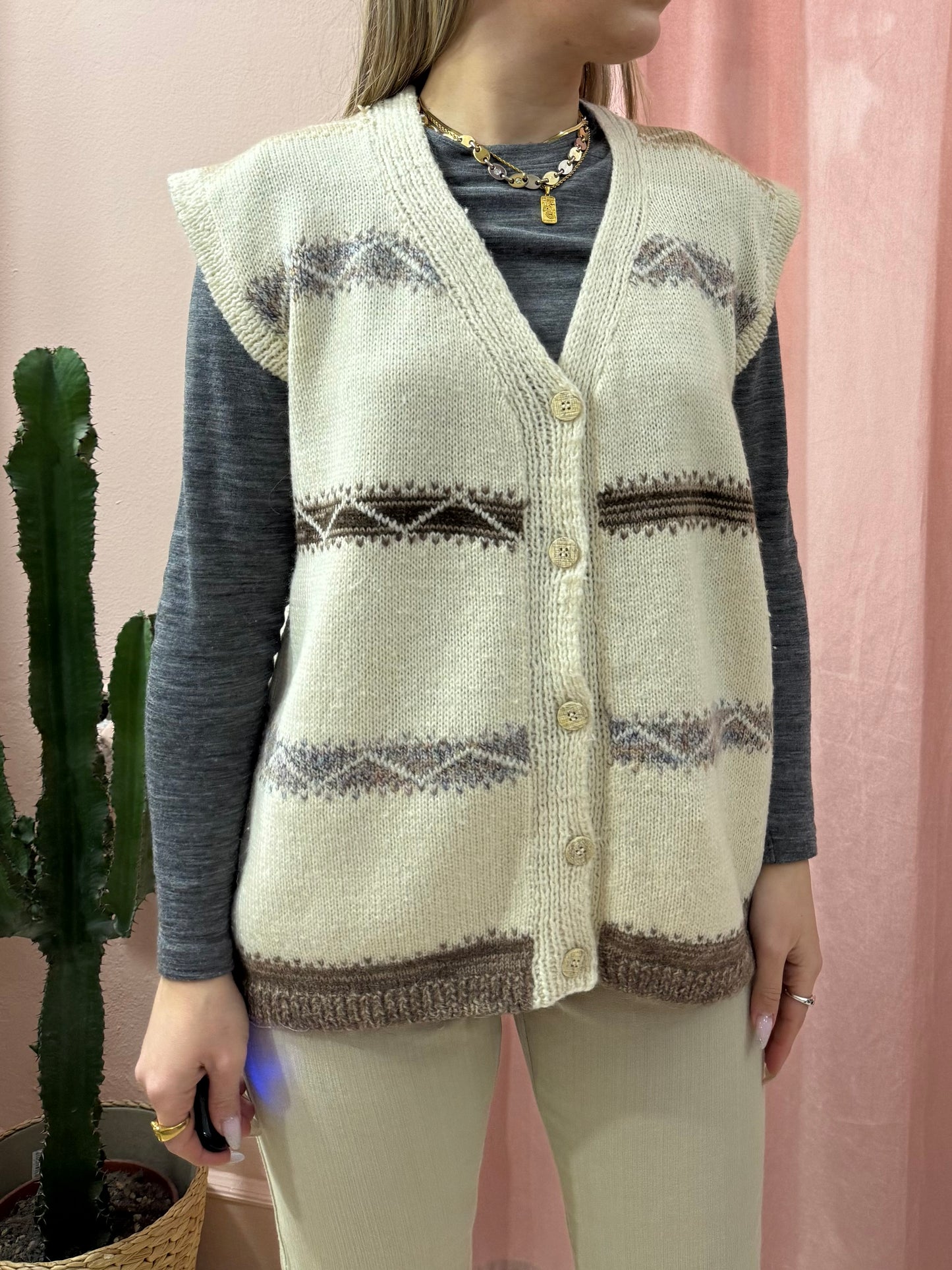 Gilet smanicato in maglia di lana panna