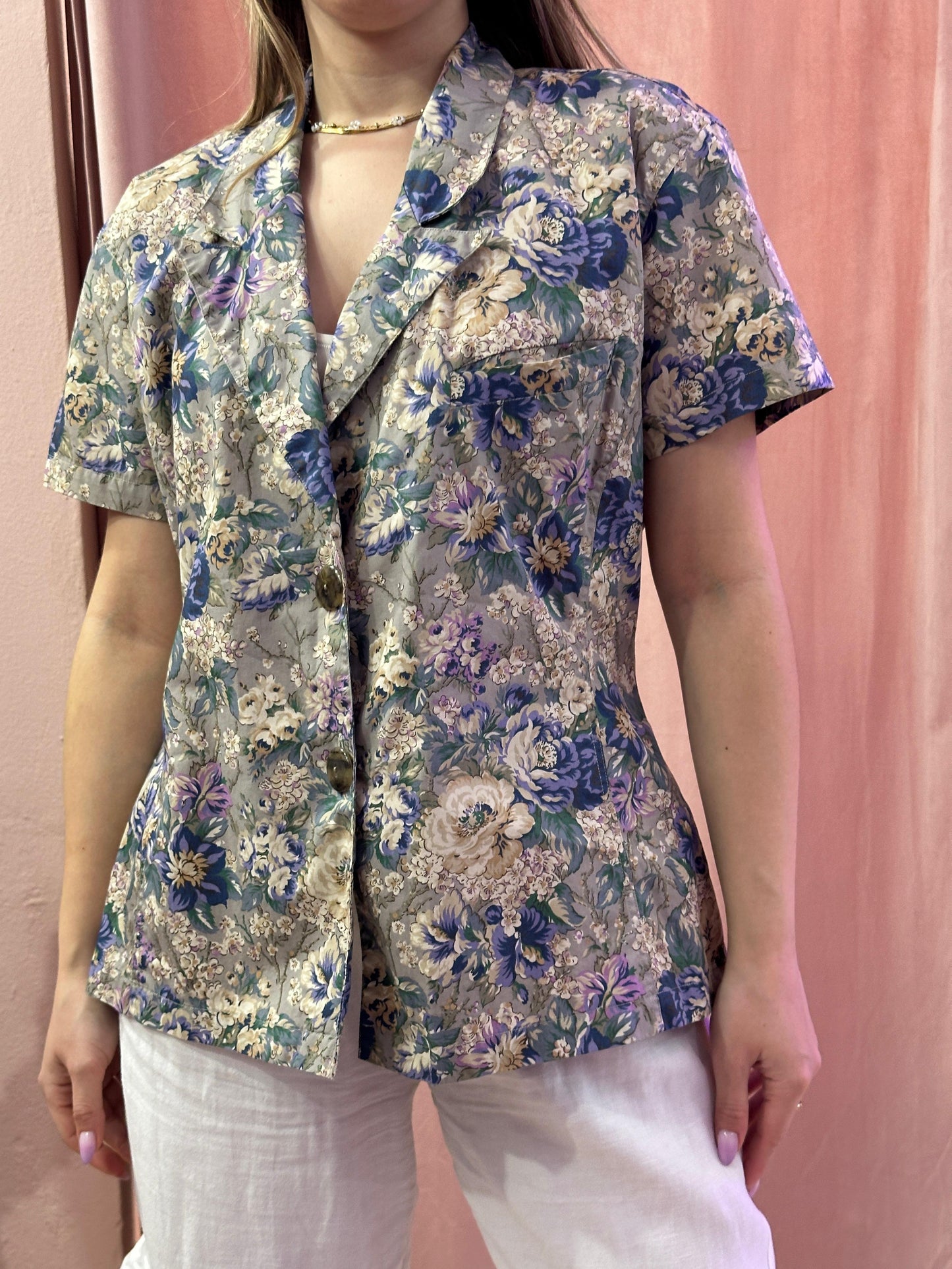 Camicia beige fiori viola - Lizzy Vintage