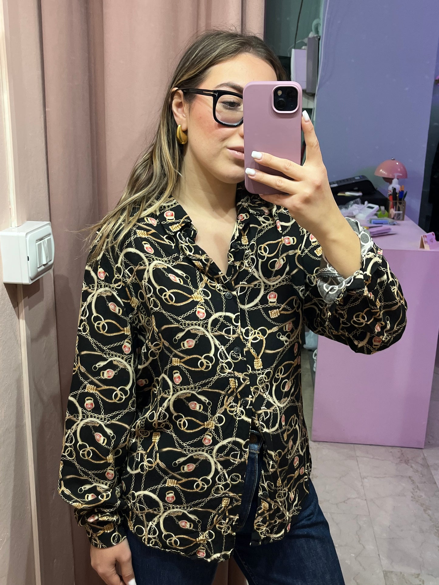 Camicia nera fantasia catene in viscosa - Lizzy Vintage