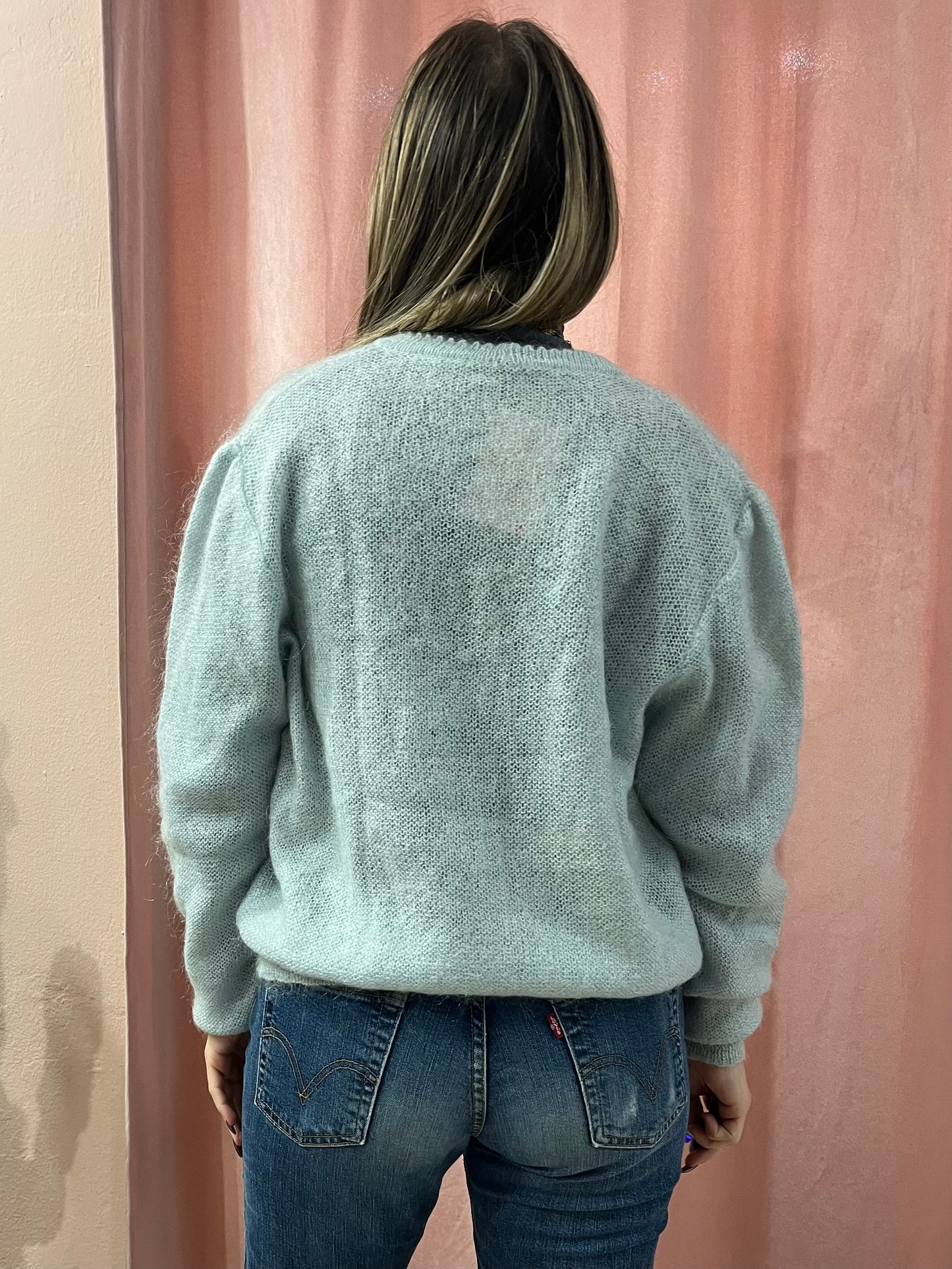 Cardigan azzurro polvere in lana con ricami