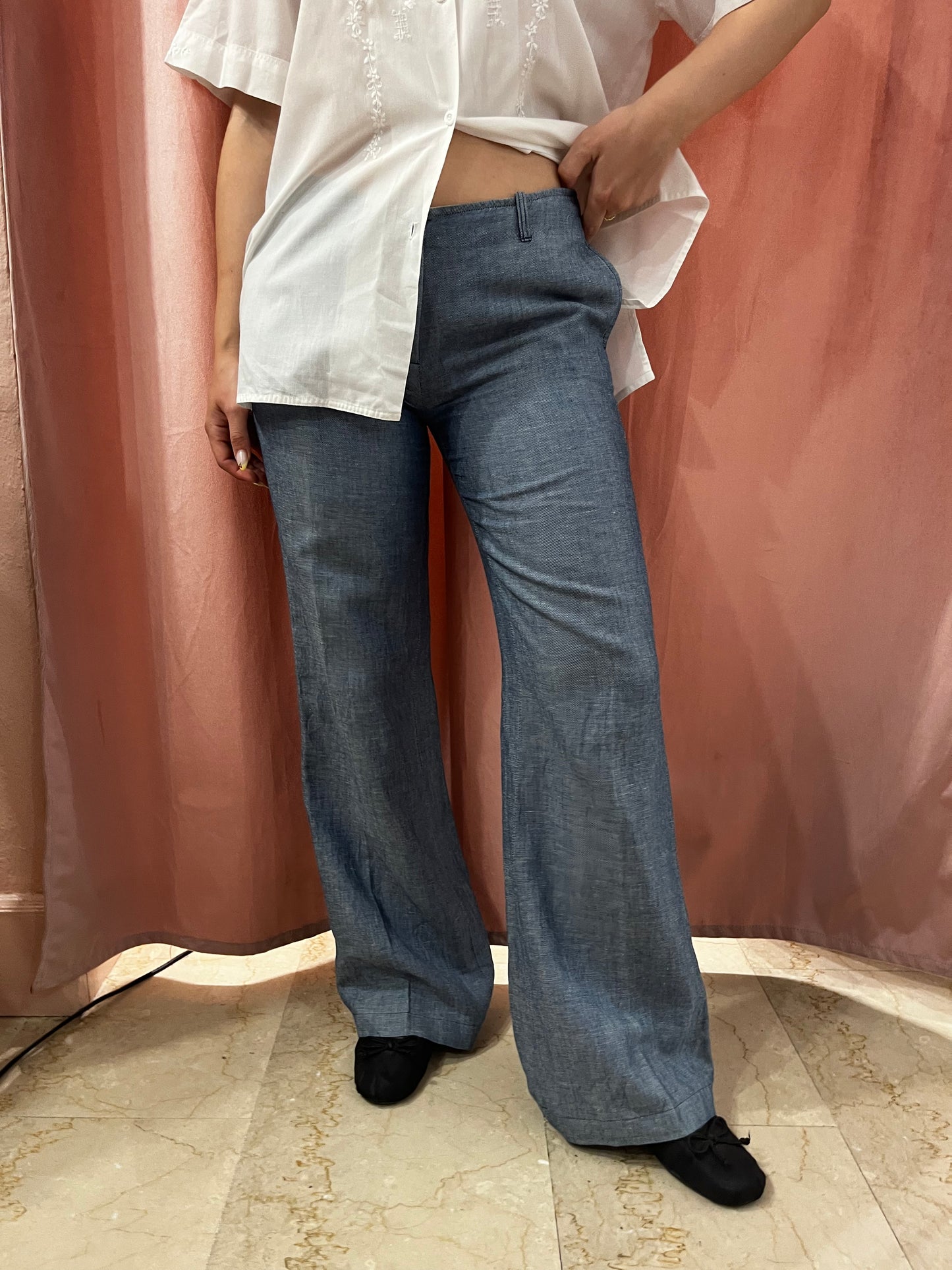 Pantalone effetto denim in misto lino e cotone