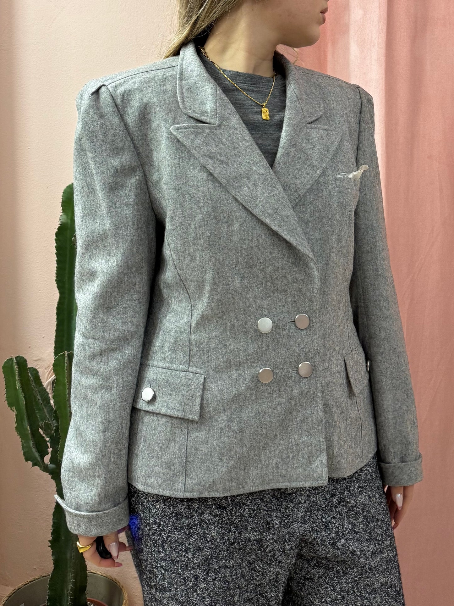 Blazer vintage doppiopetto grigio mélange in lana