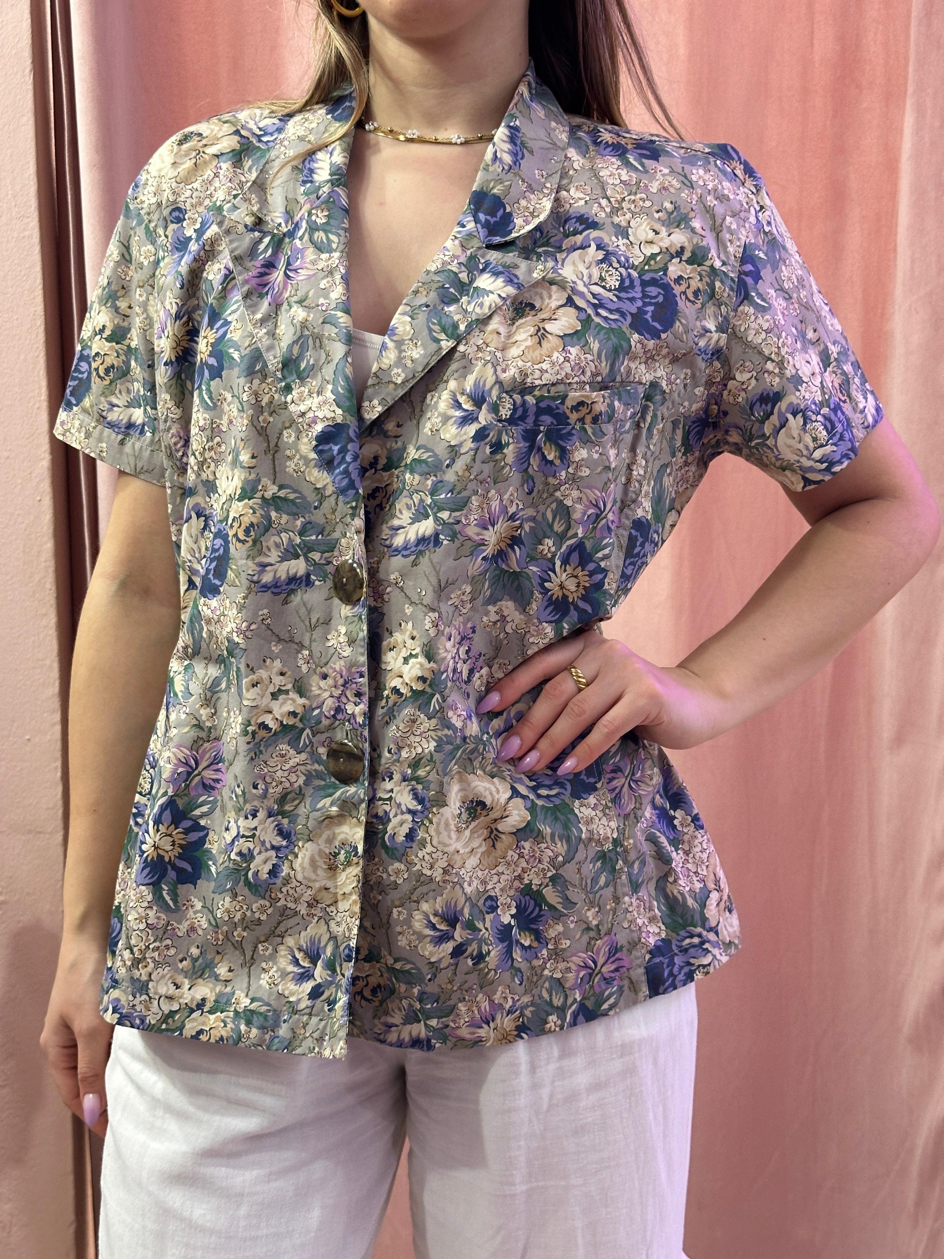 Camicia beige fiori viola - Lizzy Vintage